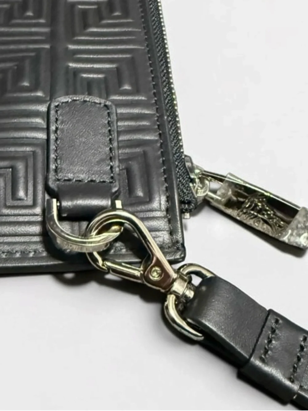 Versace Black La Greca Embossed Leather Wristlet Clutch